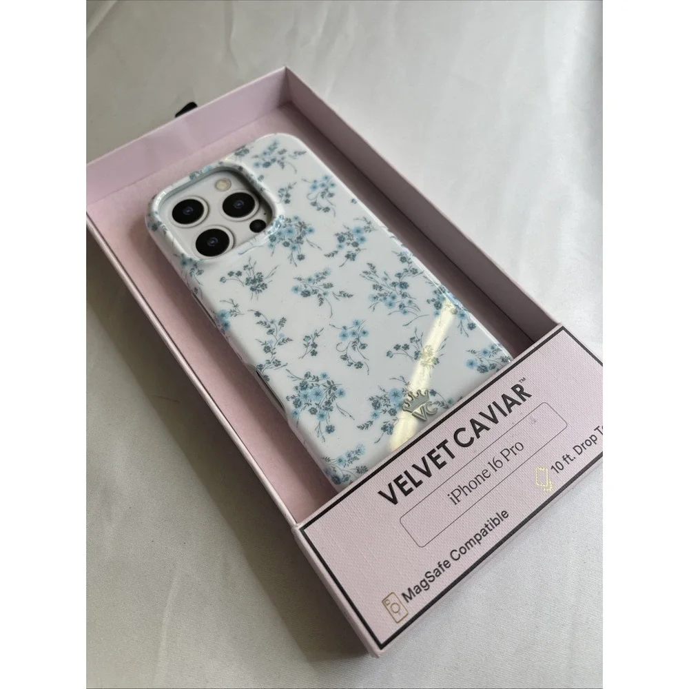 Velvet Caviar iPhone 16 Pro Protective Case Blue Flower Print MagSafe 10ft Drop